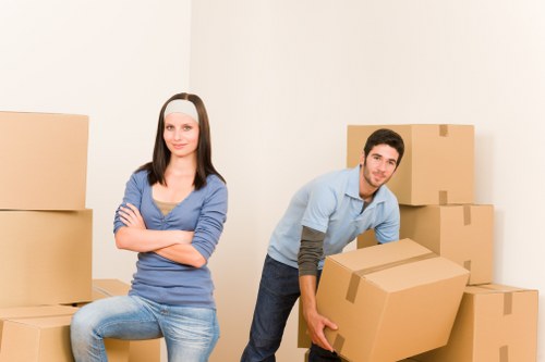 Boxes and labelled workstations during a Barnes business relocation